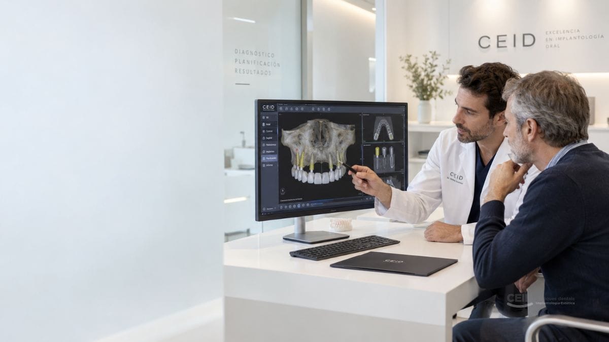 Doctor y paciente revisando la planificación digital de implantes dentales de carga inmediata.