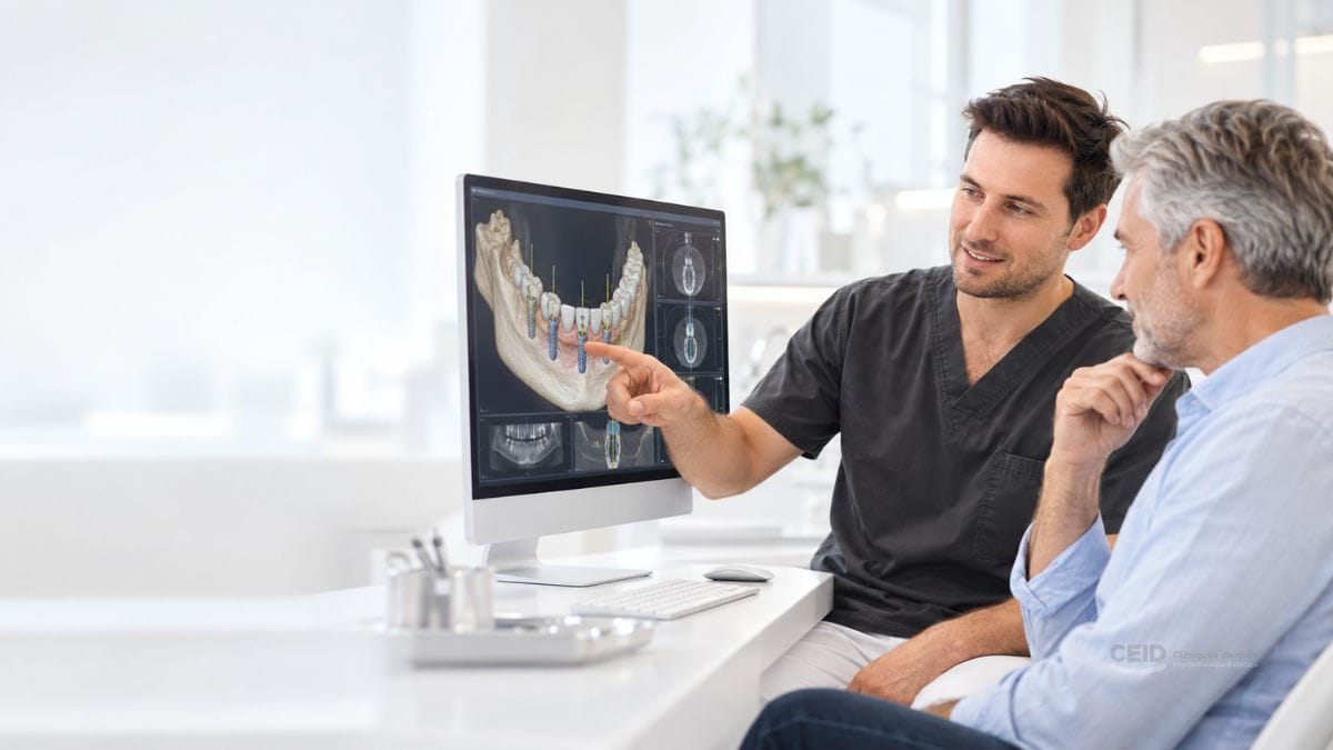 Paciente revisando con un implantólogo una segunda valoración de su tratamiento de implantes dentales